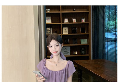 Neck Plain Midi Cap-Sleeve A-Line Trim Dress Ruffle Square