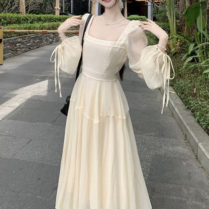 Plain Maxi Neck Long-Sleeve Dress Square A-Line