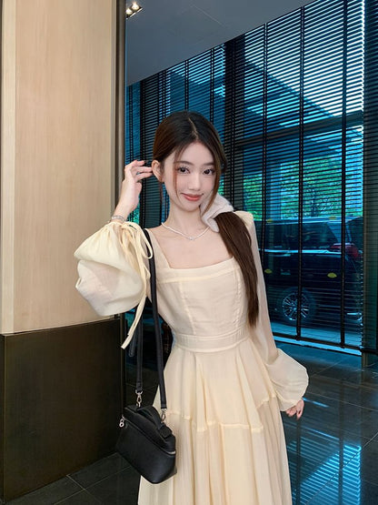 Plain Maxi Neck Long-Sleeve Dress Square A-Line