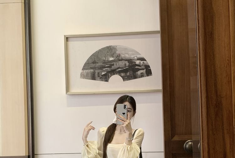 Plain Maxi Neck Long-Sleeve Dress Square A-Line