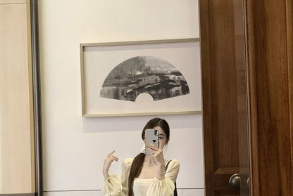 Plain Maxi Neck Long-Sleeve Dress Square A-Line