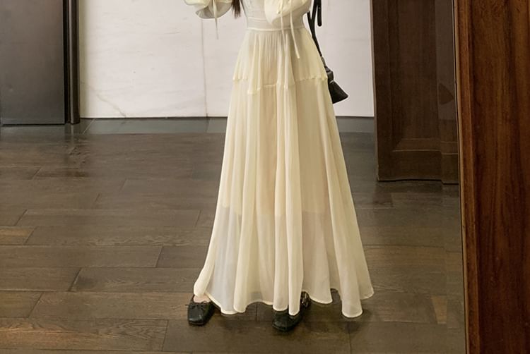 Plain Maxi Neck Long-Sleeve Dress Square A-Line