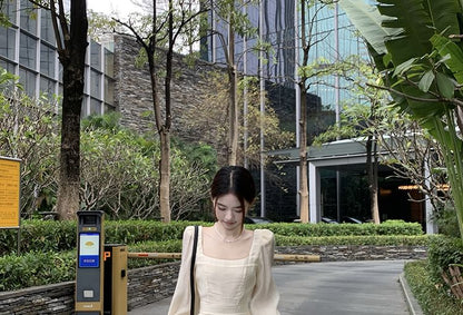 Plain Maxi Neck Long-Sleeve Dress Square A-Line