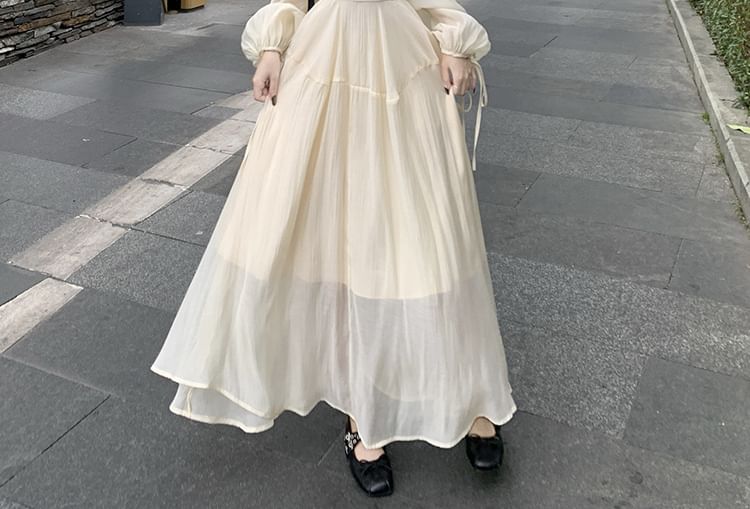 Plain Maxi Neck Long-Sleeve Dress Square A-Line