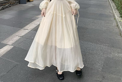 Plain Maxi Neck Long-Sleeve Dress Square A-Line