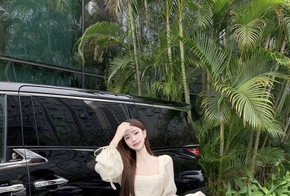 Plain Maxi Neck Long-Sleeve Dress Square A-Line