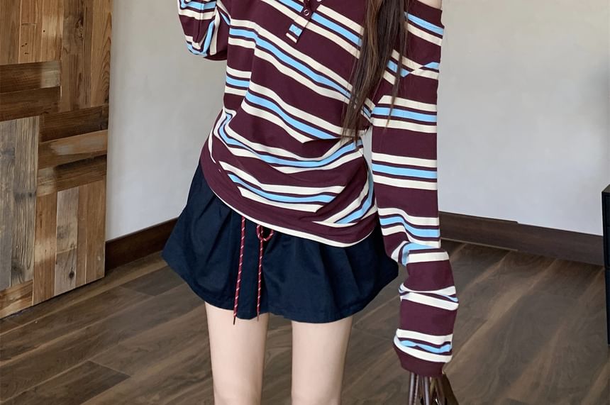 Long Sleeve Henley Cold Shoulder Striped Tee Drawstring Waist Mini A-Line Skirt