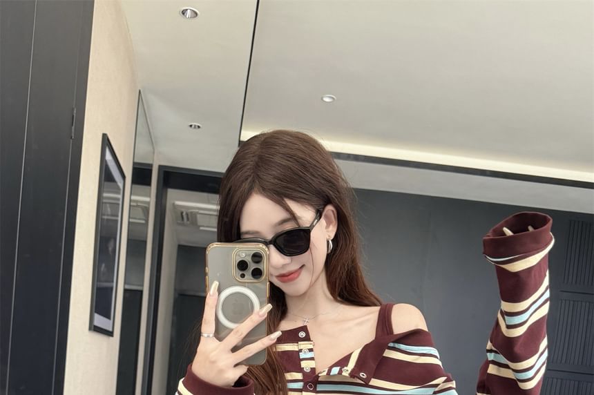 Long Sleeve Henley Cold Shoulder Striped Tee Drawstring Waist Mini A-Line Skirt