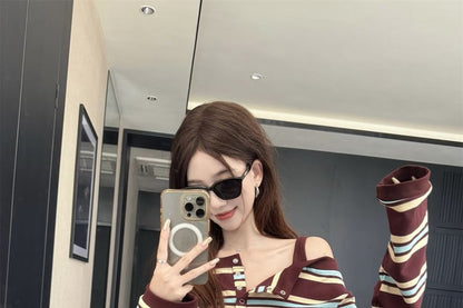Long Sleeve Henley Cold Shoulder Striped Tee Drawstring Waist Mini A-Line Skirt