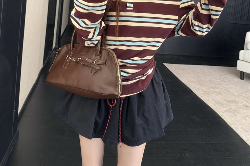 Long Sleeve Henley Cold Shoulder Striped Tee Drawstring Waist Mini A-Line Skirt