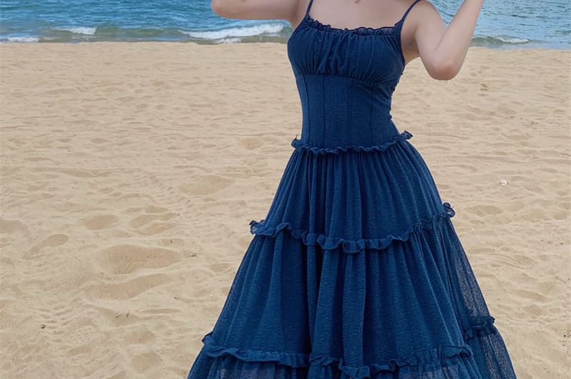 Spaghetti Strap Sheer Maxi A-Line Dress