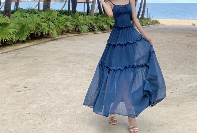 Spaghetti Strap Sheer Maxi A-Line Dress