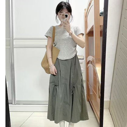 Solid Ruched Midi A-Line Skirt with High Waist