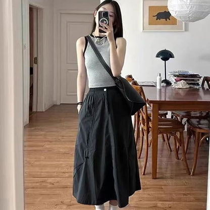 Solid Ruched Midi A-Line Skirt with High Waist