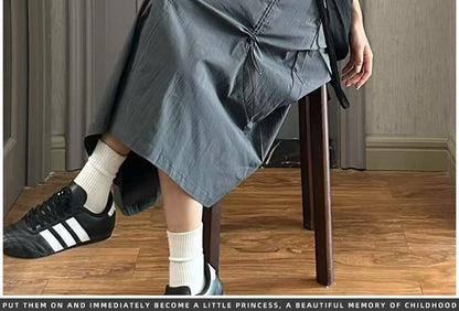 Solid Ruched Midi A-Line Skirt with High Waist