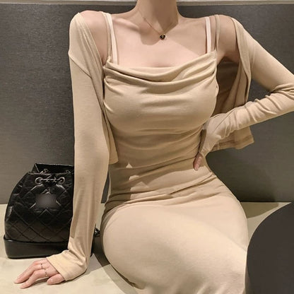 Set: Spaghetti Strap Plain Mini Bodycon Dress + Light Jacket