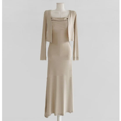 Set: Spaghetti Strap Plain Mini Bodycon Dress + Light Jacket