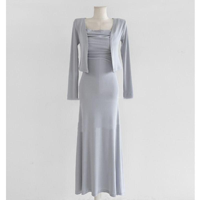 Set: Spaghetti Strap Plain Mini Bodycon Dress + Light Jacket
