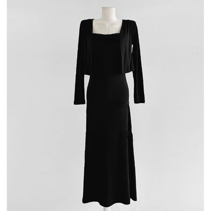 Set: Spaghetti Strap Plain Mini Bodycon Dress + Light Jacket