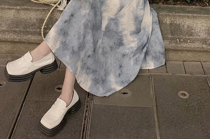 Spaghetti Strap Tie Dye Ruffle Trim Midi A-Line Sundress