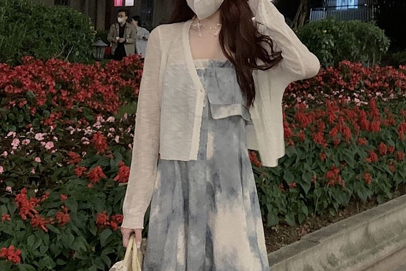 Spaghetti Strap Tie Dye Ruffle Trim Midi A-Line Sundress