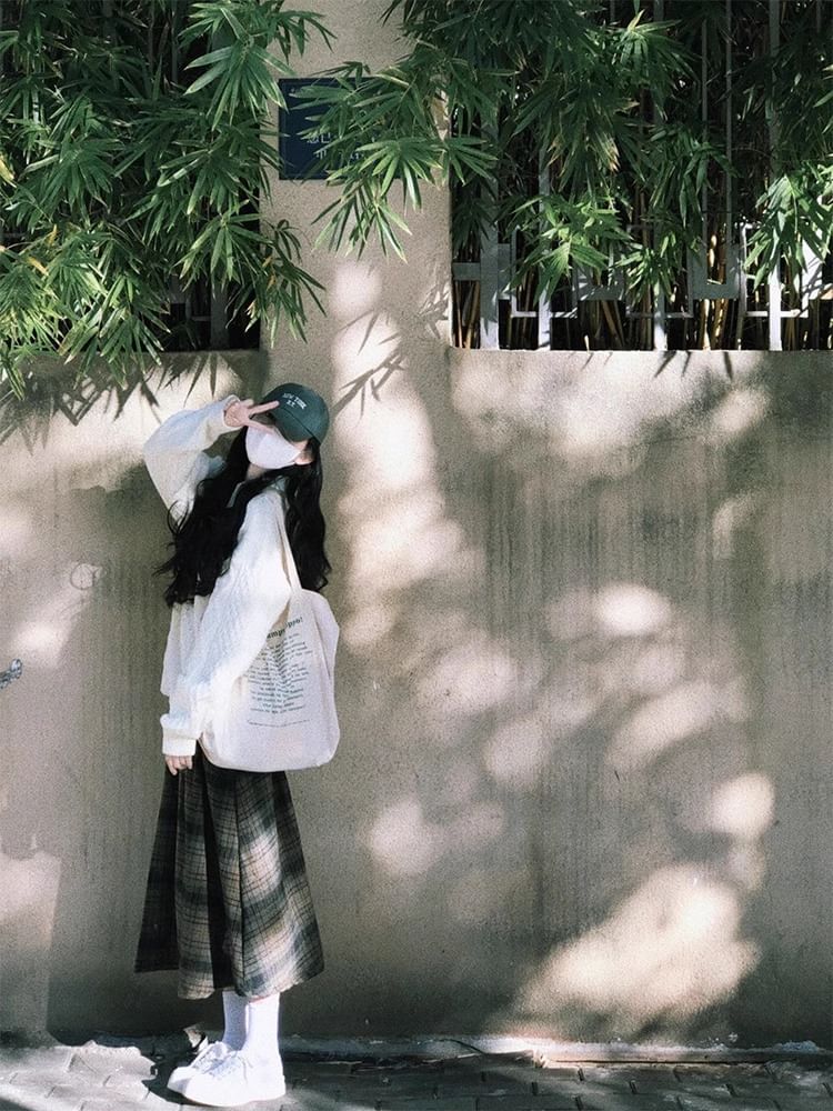 Crew Neck Cable Knit Sweater & Plaid Midi A-Line Skirt