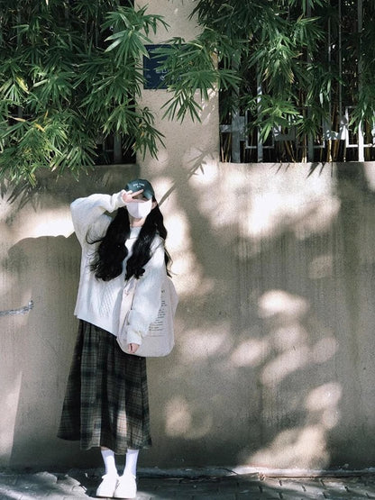 Crew Neck Cable Knit Sweater & Plaid Midi A-Line Skirt