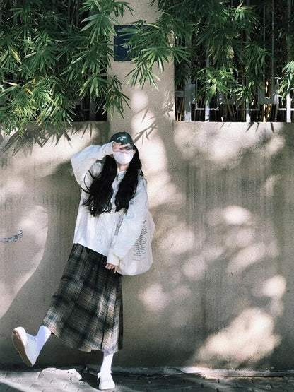 Crew Neck Cable Knit Sweater & Plaid Midi A-Line Skirt