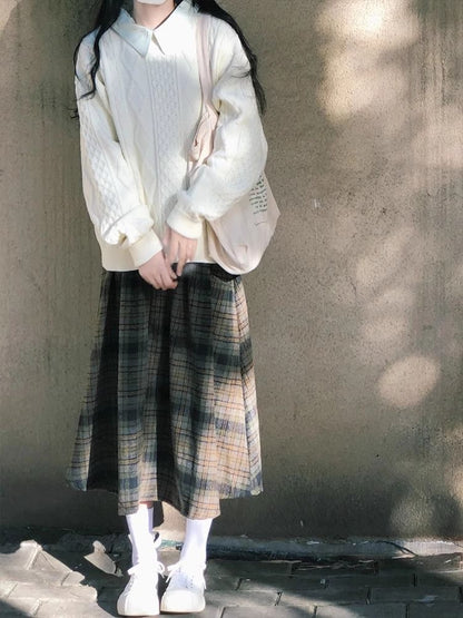 Crew Neck Cable Knit Sweater & Plaid Midi A-Line Skirt