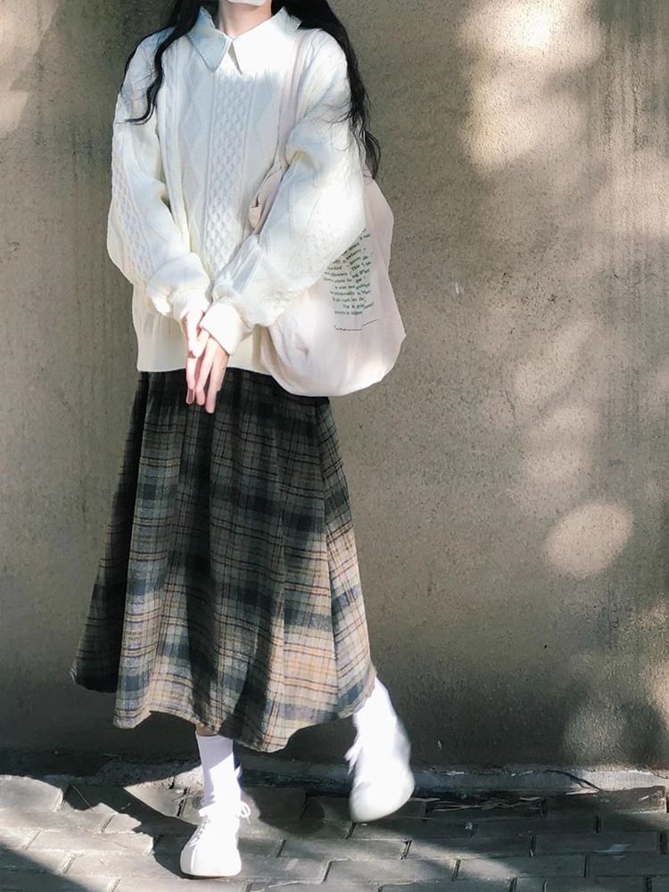 Crew Neck Cable Knit Sweater & Plaid Midi A-Line Skirt