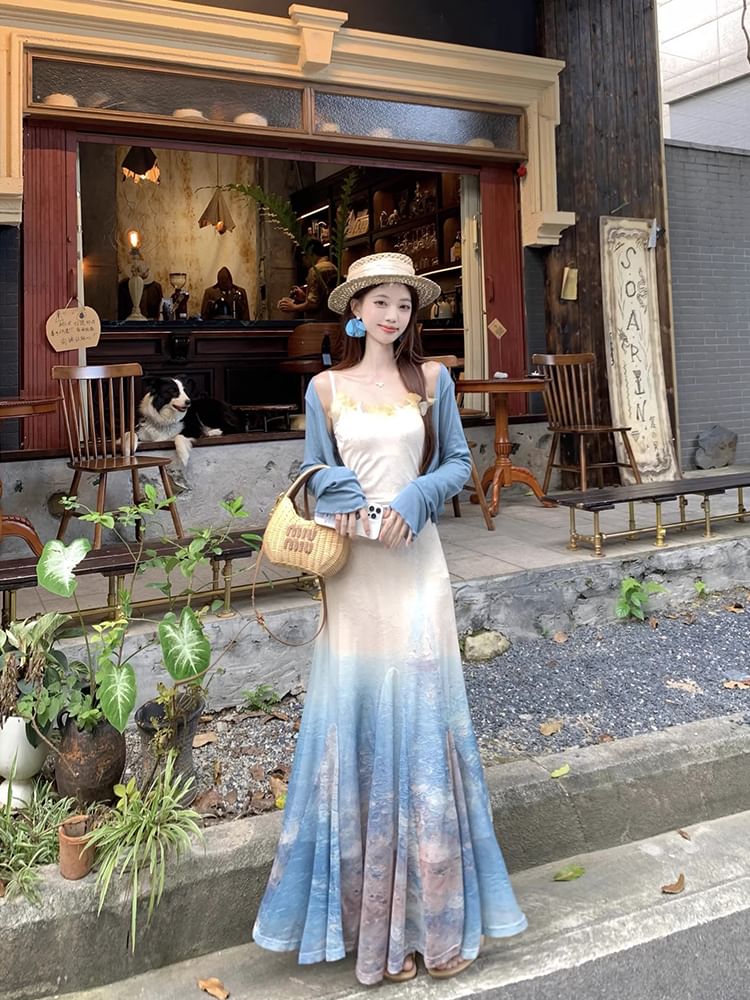 Spaghetti Strap Tie Dye Maxi A-Line Dress / Plain Lettuce Edge Cardigan