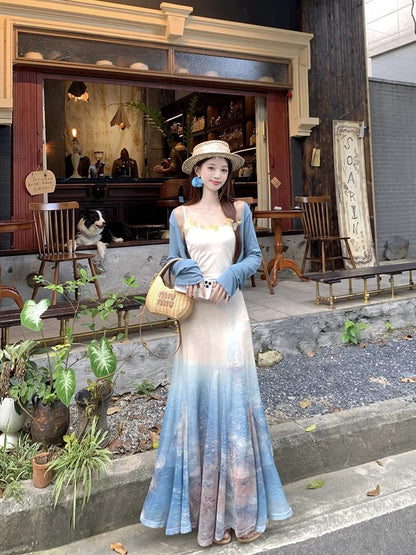 Spaghetti Plain Dress Tie Edge Lettuce Cardigan Strap A-Line Maxi / Dye