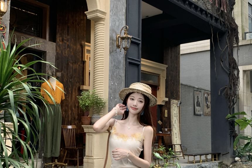 Spaghetti Strap Tie Dye Maxi A-Line Dress / Plain Lettuce Edge Cardigan
