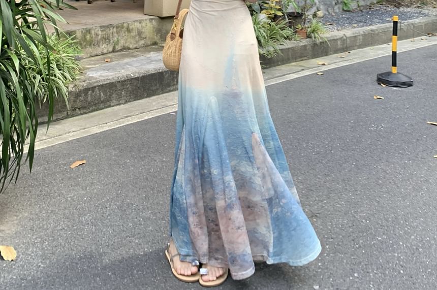 Spaghetti Plain Dress Tie Edge Lettuce Cardigan Strap A-Line Maxi / Dye