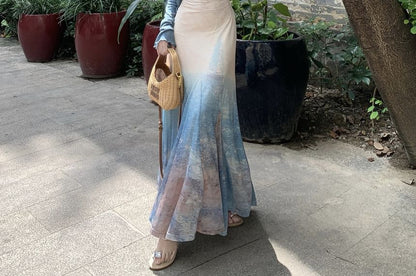 Spaghetti Strap Tie Dye Maxi A-Line Dress / Plain Lettuce Edge Cardigan