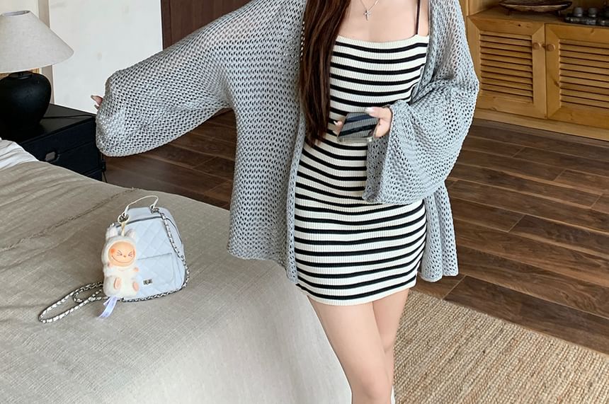 Spaghetti Strap Striped Mini Bodycon Dress / Flared-Sleeve Plain Pointelle Knit Cardigan