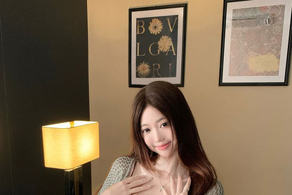 Spaghetti Strap Striped Mini Bodycon Dress / Flared-Sleeve Plain Pointelle Knit Cardigan