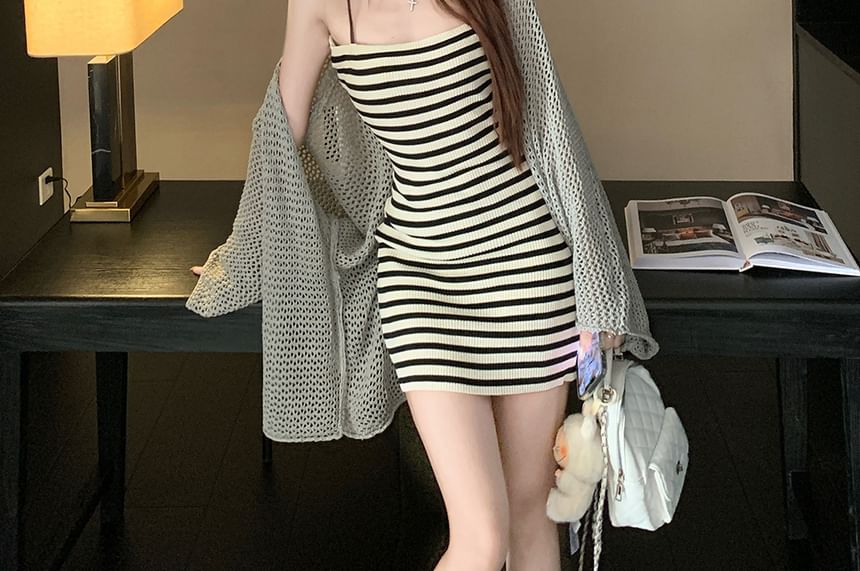 Spaghetti Strap Striped Mini Bodycon Dress / Flared-Sleeve Plain Pointelle Knit Cardigan
