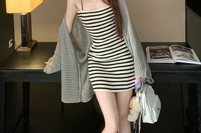 Spaghetti Strap Striped Mini Bodycon Dress / Flared-Sleeve Plain Pointelle Knit Cardigan