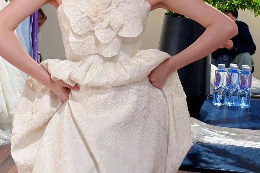 Strapless Flower Accent A-Line Wedding Gown