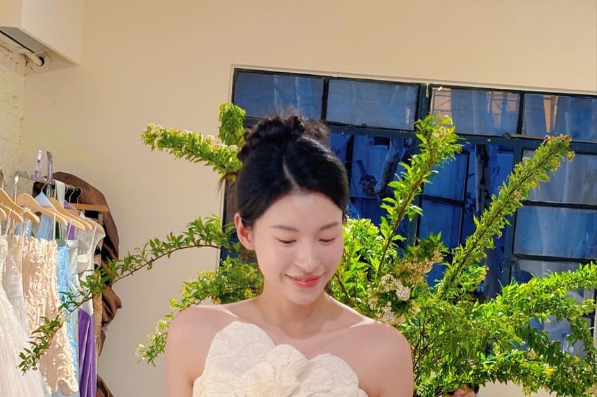 Strapless Flower Accent A-Line Wedding Gown