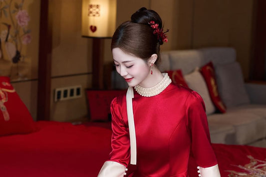 3/4-Sleeve Mock Neck Two Tone Bow Faux Pearl Midi A-Line Evening Dress