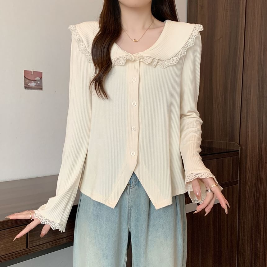Long-Sleeve Ribbed Button Lace Top