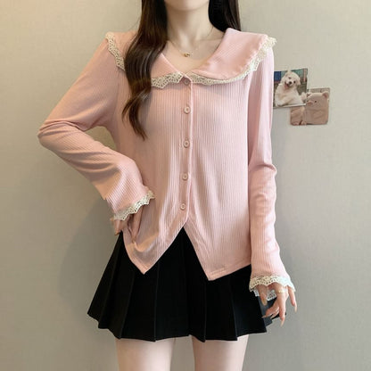 Long-Sleeve Ribbed Button Lace Top