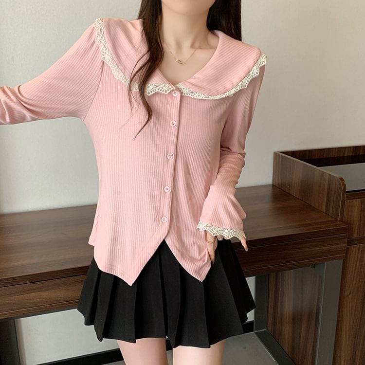 Long-Sleeve Ribbed Button Lace Top