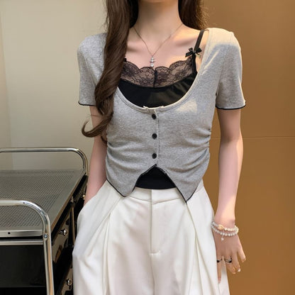 Mock Two-Piece Lace Trim Top