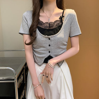 Mock Two-Piece Lace Trim Top