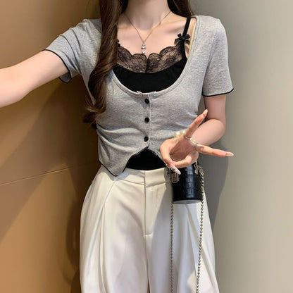 Mock Two-Piece Lace Trim Top