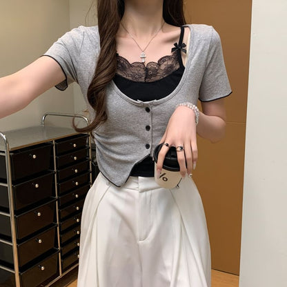 Mock Two-Piece Lace Trim Top