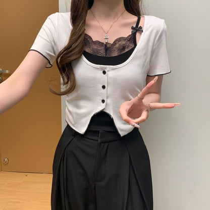 Mock Two-Piece Lace Trim Top